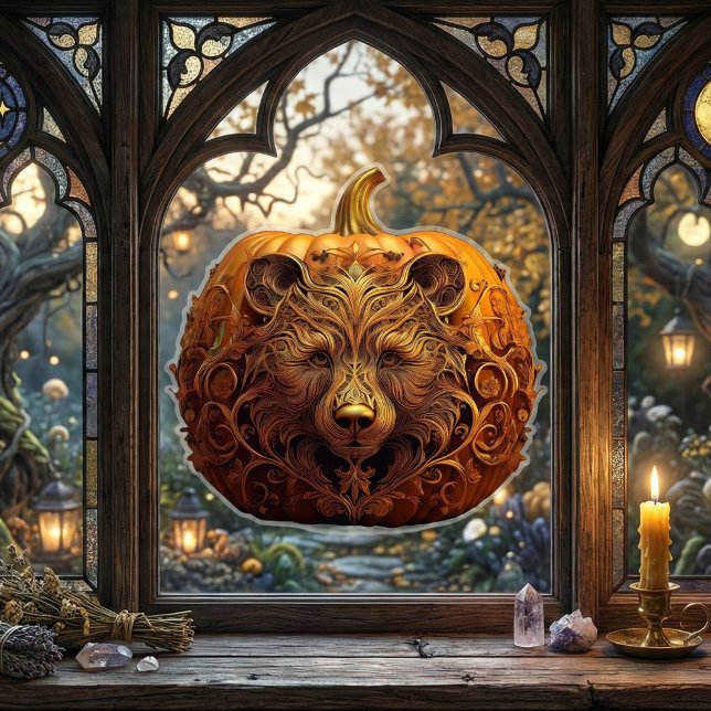 Vinilos Para Cristales Arte de calabaza otoñal del oso Guardian Harvard (Whimsigoth Samhain Decor | Golden Bear Pumpkin Window Cling. Autumn gothic home decor bear spirit)