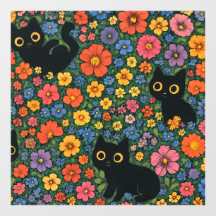 Vinilos Para Cristales Arte de jardín Kawaii Patrón floral de gato negr