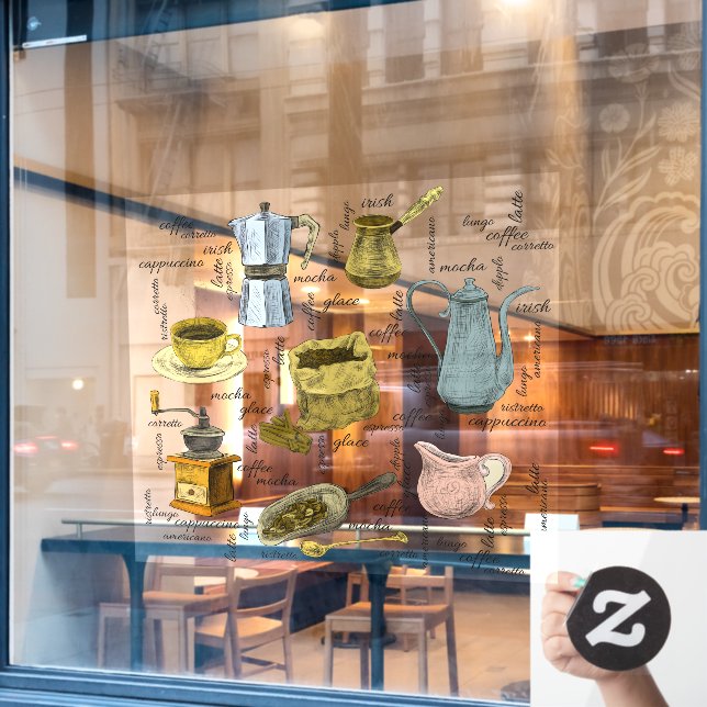 Vinilos Para Cristales Arte de la tienda de café con mano rusa (Ventana de cafetería)