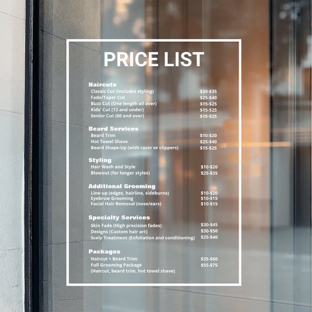 Vinilos Para Cristales Barbershop Barber Shop Price List Service Menú (window cling price list in white lettering)