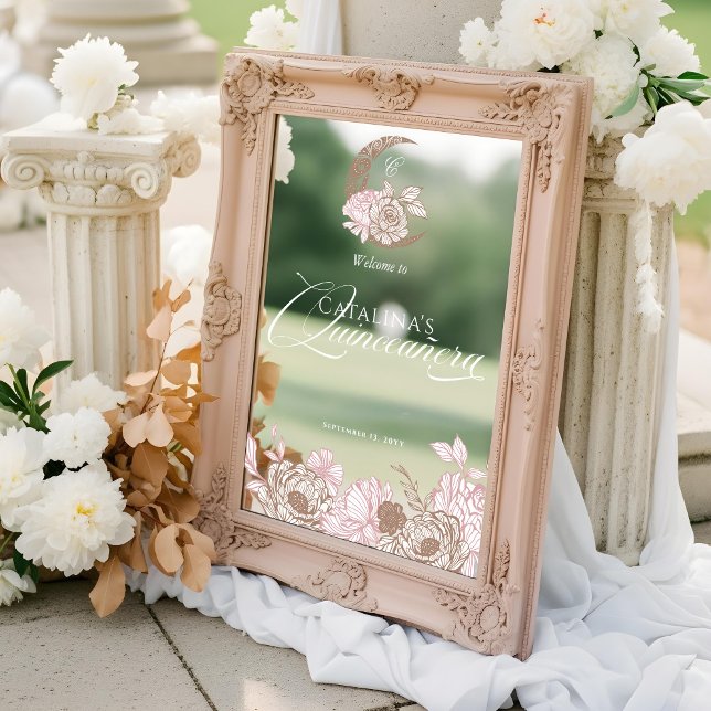 Vinilos Para Cristales Bienvenida a Quinceanera de la Luna Celeste Rosa F (Floral Pink Celestial Moon Quinceanera Welcome Window Cling)