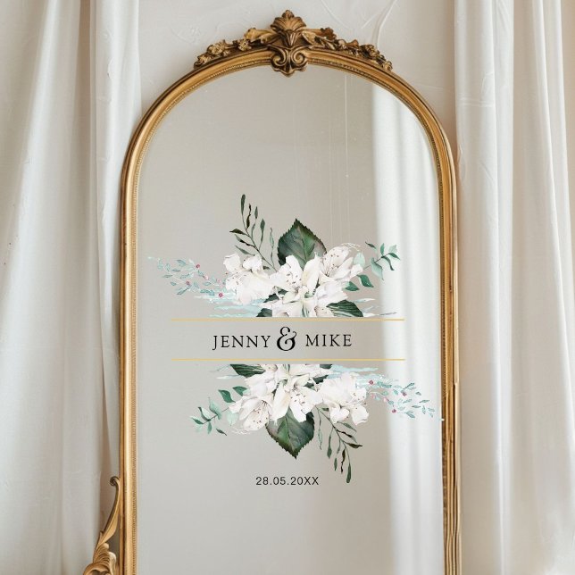 Vinilos Para Cristales Boda de flores blancas sencillas y elegantes (Personalized, simple, elegant white flowers wedding window cling with your names and date.)