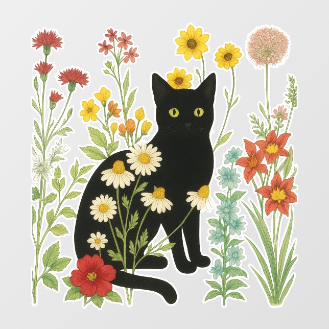 Vinilos Para Cristales Botanical Nature – Black Cat in Wildflower Garden (Hoja)