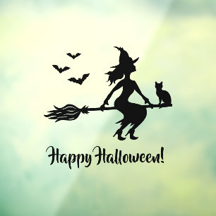 Vinilos Para Cristales Bruja En Escoba Feliz Halloween Silueta Negra