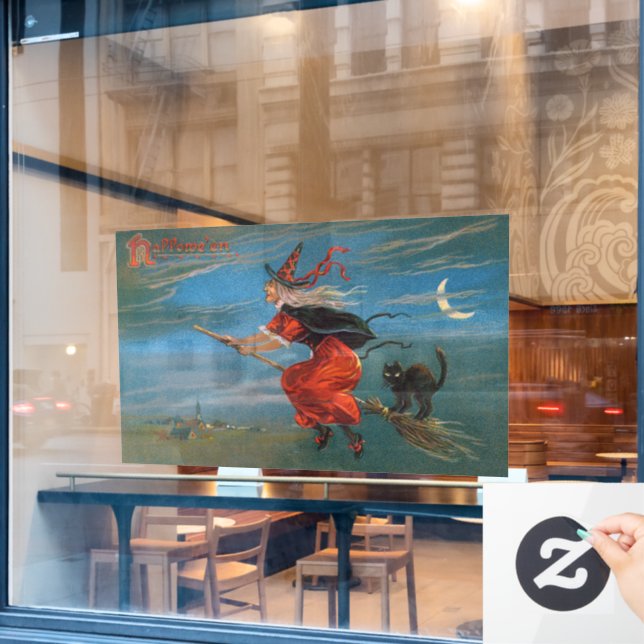 Vinilos Para Cristales Bruja volando con gato negro en la noche de Hallow (Ventana de cafetería)