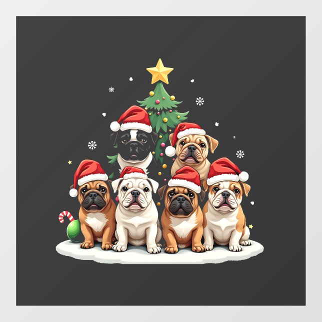 Vinilos Para Cristales Bulldog Árbol de Navidad Santa Hat Puppy Amantes (Hoja)