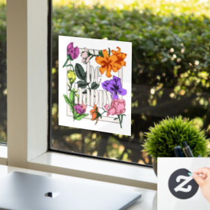 Vinilos Para Cristales Cita positiva Be Happy y flores de jardín