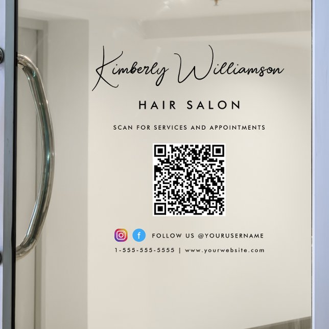 Vinilos Para Cristales Código QR de firma con estilo de nombre comercial (Elevate your business with a signature script logo, QR code and social media window cling sign)