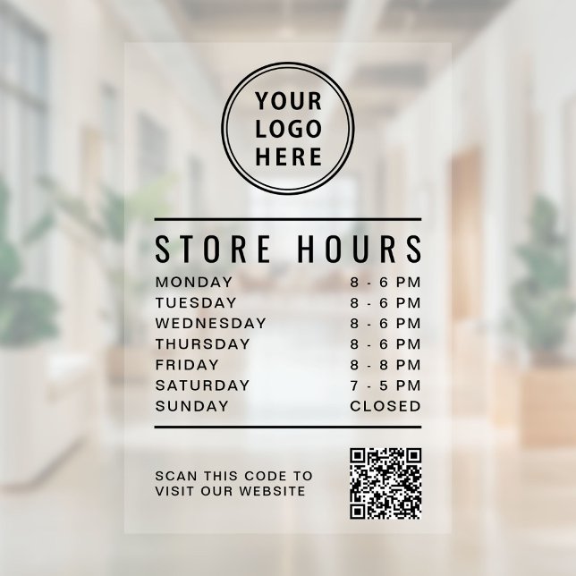 Vinilos Para Cristales Código QR de Horarios de Negocio Logo Transparente (Minimalist Store Hours QR Code Business Logo Window Cling)