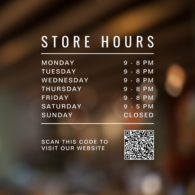Vinilos Para Cristales Código QR de Horarios de Tienda (Store Hours QR Code Window Cling)