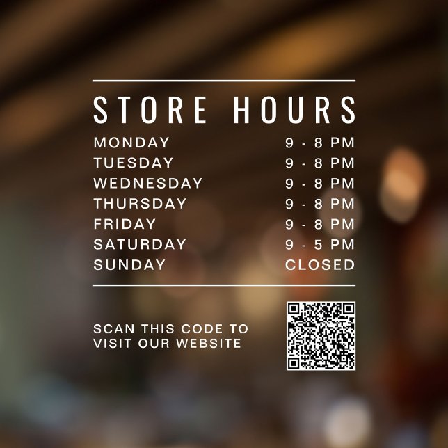 Vinilos Para Cristales Código QR de Horarios de Tienda (Store Hours QR Code Window Cling)