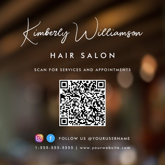 Vinilos Para Cristales Código QR de letra script chic para nombre de empr (Elevate your business with a custom logo, QR code and social media window cling sign)