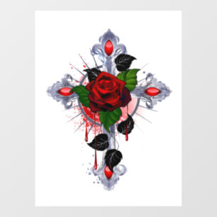 Vinilos Para Cristales Cruz de Plata con una Rosa Roja