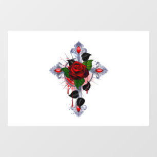 Vinilos Para Cristales Cruz de Plata con una Rosa Roja