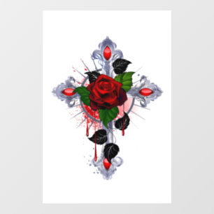 Vinilos Para Cristales Cruz de Plata con una Rosa Roja