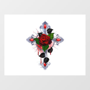 Vinilos Para Cristales Cruz de Plata con una Rosa Roja