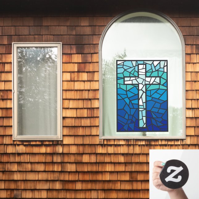 Vinilos Para Cristales Cruz de vidrio manchado azul blanco negro (Ventana de inicio)