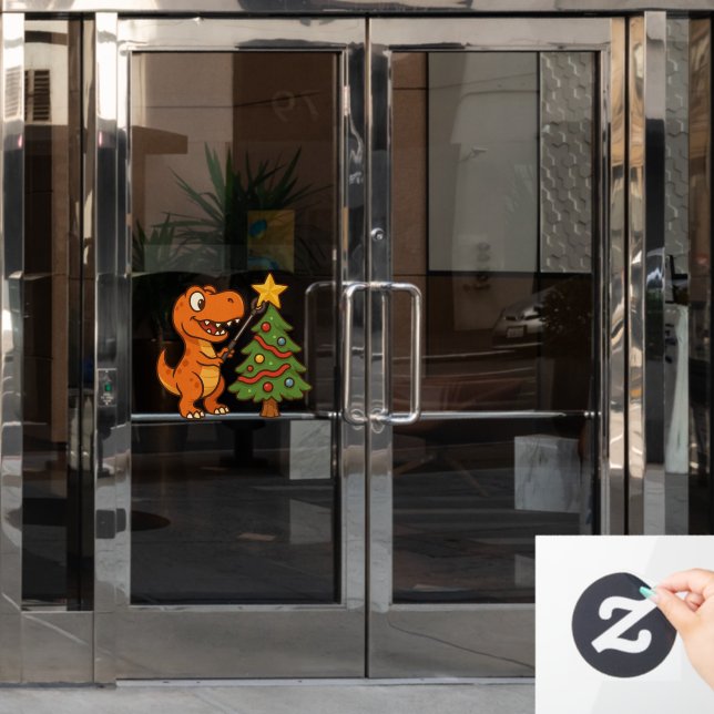 Vinilos Para Cristales Cute dinosaur with Christmas tree (Puerta de oficina)