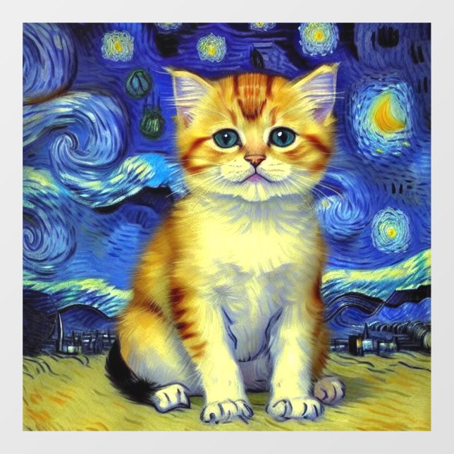 Vinilos Para Cristales Cute Kitten Starry Night Van Gogh (Hoja)