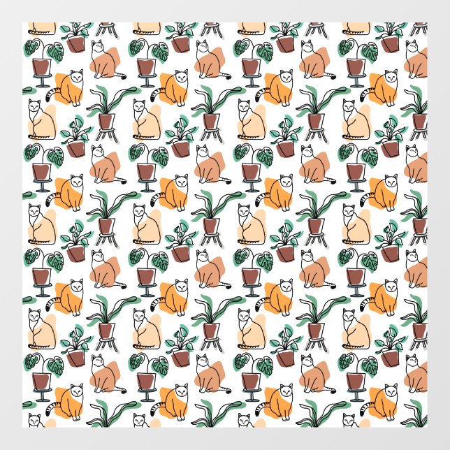 Vinilos Para Cristales Dibujo en línea de gatos y flores (Hoja)