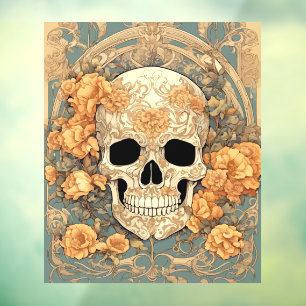 Vinilos Para Cristales Diseño Art Nouveau de Cráneo y Rosas Color Melocot