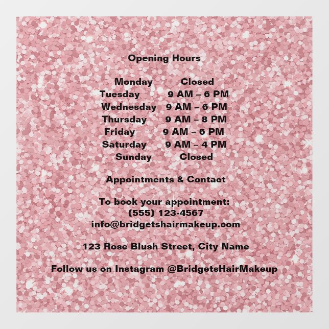 Vinilos Para Cristales Elegant Blush pink Glitter Salon Opening Hours  (Hoja)