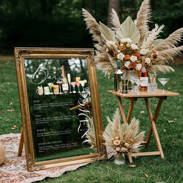 Vinilos Para Cristales Elegante acuarela Cocktail Boda Bar Menú Cling (Elegant Watercolor Cocktail Wedding Bar Menu Cling)
