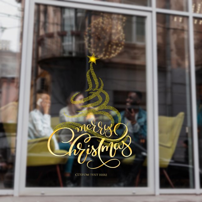 Vinilos Para Cristales Elegante Script Gold Merry Christmas Tree Business (Elegant Script Gold Merry Christmas Tree Business Storefront Window Cling)