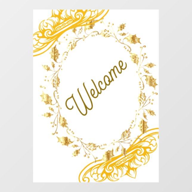 Vinilos Para Cristales Elegante signo de bienvenida dorada con marco flor (Hoja)