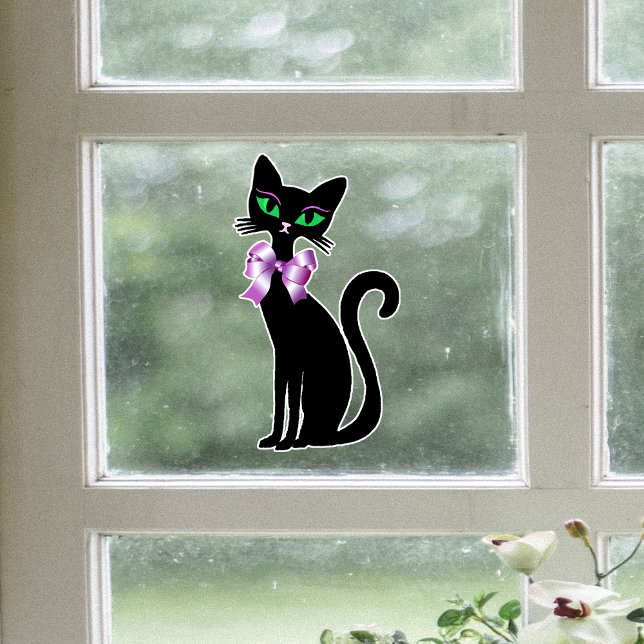 Vinilos Para Cristales Fancy Pretty Black Cat Green Eyes Pink Bows (Fancy black cat green eyes wearing pretty pink bow on window cling decoration.)
