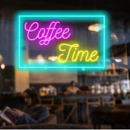 Vinilos Para Cristales Faux Neon Coffee Time Coffee Shop