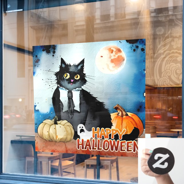 Vinilos Para Cristales Felices gatos y calabazas de Halloween (Ventana de cafetería)