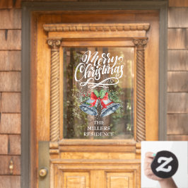 Vinilos Para Cristales Feliz caligrafía navideña campanas plateadas