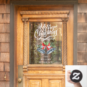 Vinilos Para Cristales Feliz caligrafía navideña campanas plateadas