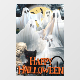 Vinilos Para Cristales Feliz Halloween con fantasmas, momia y gato negro