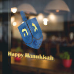 Vinilos Para Cristales Feliz Hanukkah Dreidel<br><div class="desc">Gold Happy Hanukkah texto con un dreidel azul.</div>