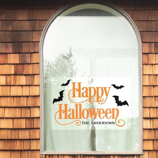 Vinilos Para Cristales Feliz Naranja de Halloween y Personalizado negro (Happy Halloween Orange and Black Custom Window Cling - Just add your family name or special text!)