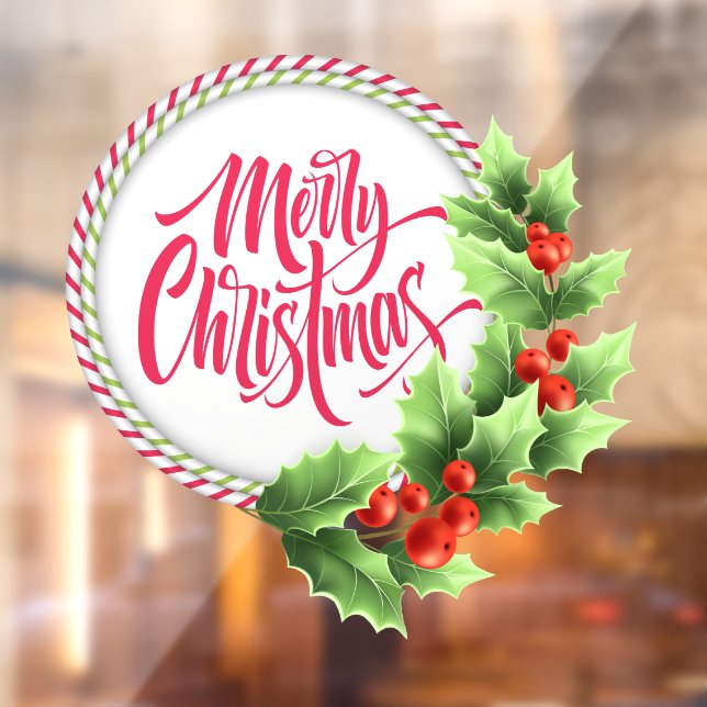 Vinilos Para Cristales Feliz Navidad a rayas Wreath Holly Berries (Hoja 2)