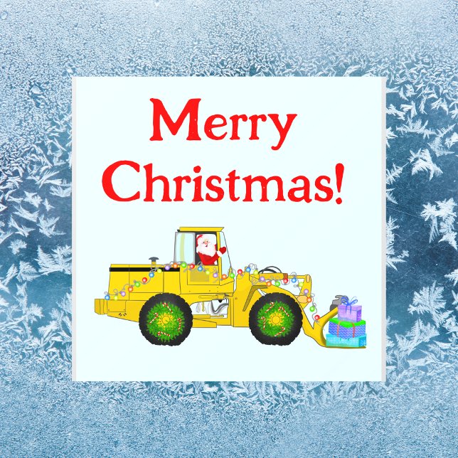 Vinilos Para Cristales Feliz Papá Noel en Bulldozer entregando regalo (Festive Window Magic: Santa Drives Bulldozer, Delivering Gifts. Decorate with Cheer this Christmas!)