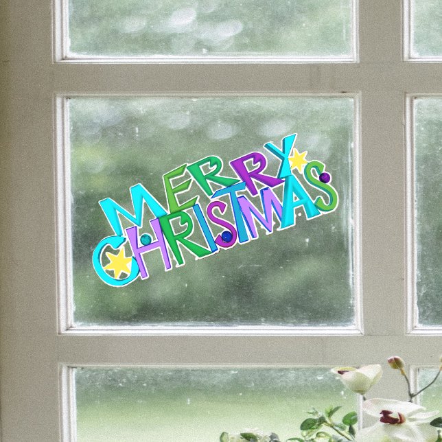 Vinilos Para Cristales Festive Merry Christmas Text Colourful Letters (Festive Merry Christmas text colourful letters gold stars on window cling decoration.)