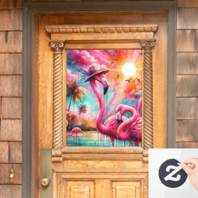 Vinilos Para Cristales Flamingos rosados tropicales Palmeras Agua Verde a (Puerta de casa)