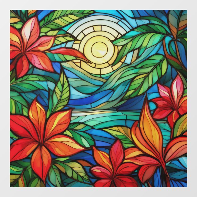 Vinilos Para Cristales Flores tropicales en arte de vidrio manchado a la  (Hoja)