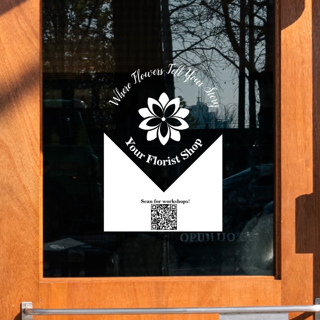 Vinilos Para Cristales 🌸 Florismo transparente y blanco, Rótulo de Vinil (🌸Clear & White Florist, Custom Cling Vinyl Sign, Scan for Workshops!)