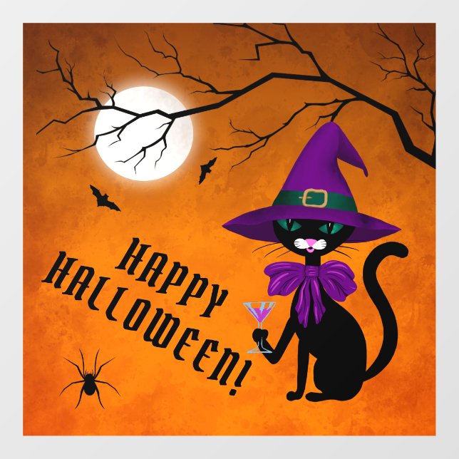 Vinilos Para Cristales Fun Purple Black Cat Witch Gorra Full Moon Hallowe (Hoja)