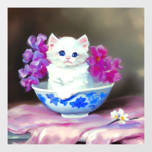Vinilos Para Cristales Gatito blanco vintage con flores rosas