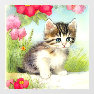 Vinilos Para Cristales Gatito blanco y marrón vintage con flores