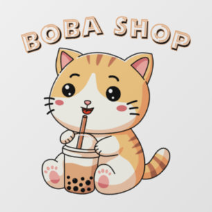 Vinilos Para Cristales Gato lindo bebiendo té de burbujas, té de boba