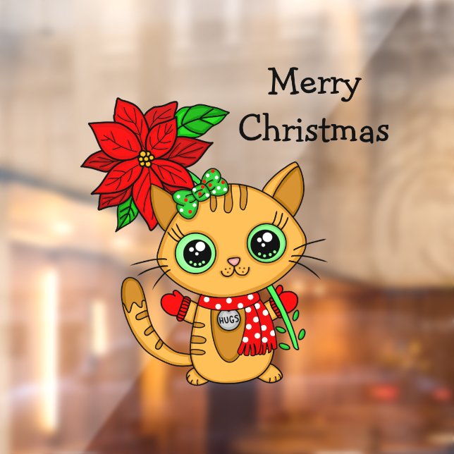 Vinilos Para Cristales Gato Naranja con Navidades de Poinsettia (Hoja 2)
