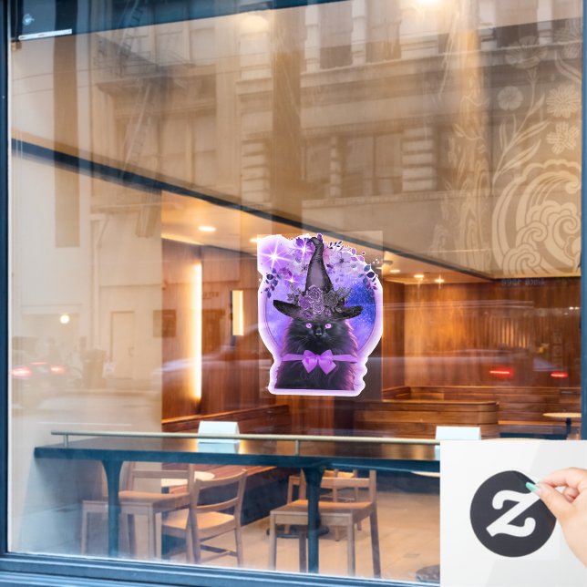 Vinilos Para Cristales gato negro con aura morada (Ventana de cafetería)