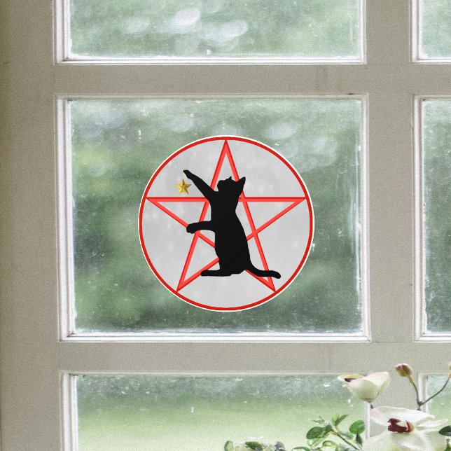Vinilos Para Cristales Gato negro de Halloween con gris rosa rojo estrell (Black cat gold star on red pentagram in circle on grey Halloween window cling decoration.)